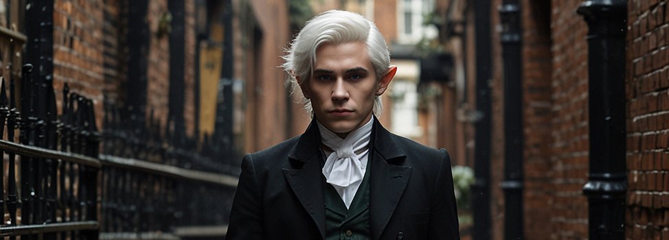 A white-haired elf in a black Victorian coat standing in a brick alley