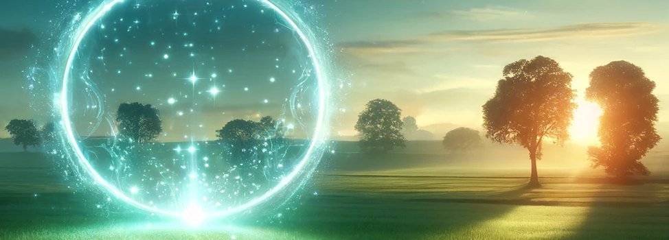 A glowing ring of light hanging over a meadow at sunrise